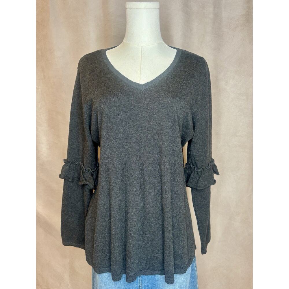 Style & Co Gray Babydoll Top XL Ruffle Long Sleeve V Neck